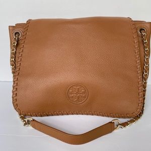 EUC Tory Burch Marion Large Tan Leather Flap Shoulder Bag Chain Strap